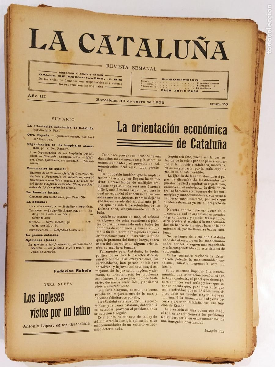 Coleccionismo de Revistas y Peri&oacute;dicos: CATALUNYA - LA CATALU&Ntilde;A , REVISTA SEMANAL - NUMERO 70 A&Ntilde;O 1909 - REVISTA ANTIGUA CATALANA
