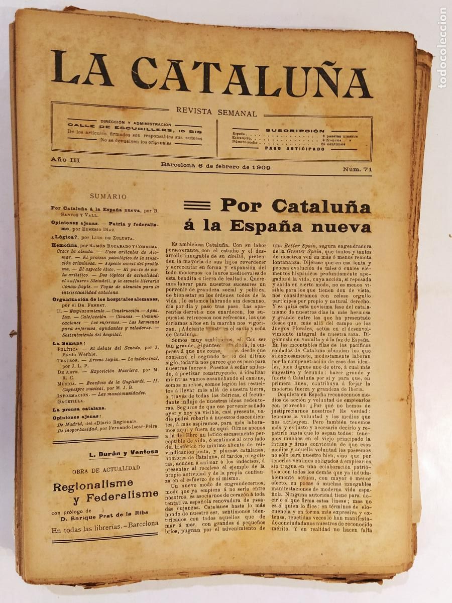 Coleccionismo de Revistas y Peri&oacute;dicos: CATALUNYA - LA CATALU&Ntilde;A , REVISTA SEMANAL - NUMERO 71 A&Ntilde;O 1909 - REVISTA ANTIGUA CATALANA