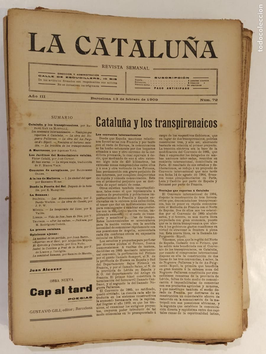Coleccionismo de Revistas y Peri&oacute;dicos: CATALUNYA - LA CATALU&Ntilde;A , REVISTA SEMANAL - NUMERO 72 A&Ntilde;O 1909 - REVISTA ANTIGUA CATALANA