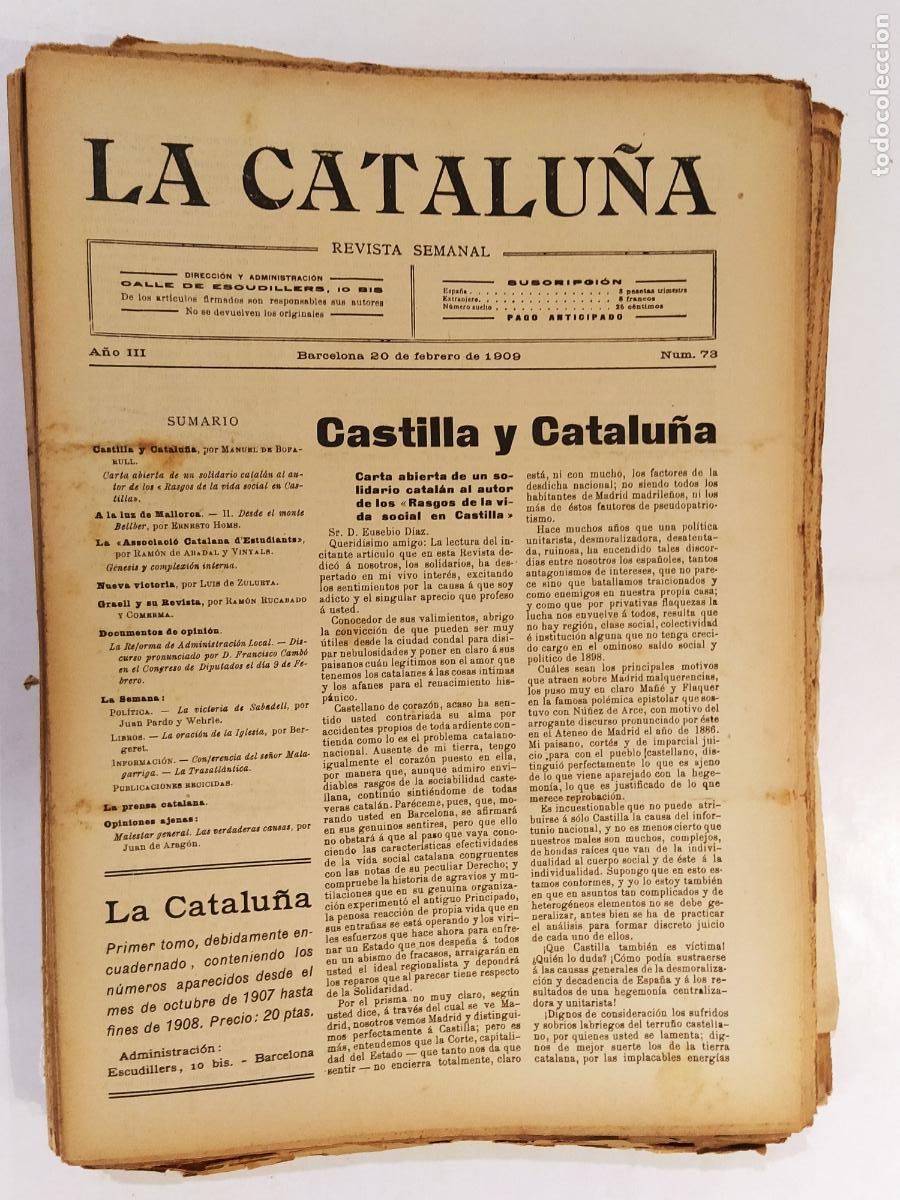Coleccionismo de Revistas y Peri&oacute;dicos: CATALUNYA - LA CATALU&Ntilde;A , REVISTA SEMANAL - NUMERO 73 A&Ntilde;O 1909 - REVISTA ANTIGUA CATALANA