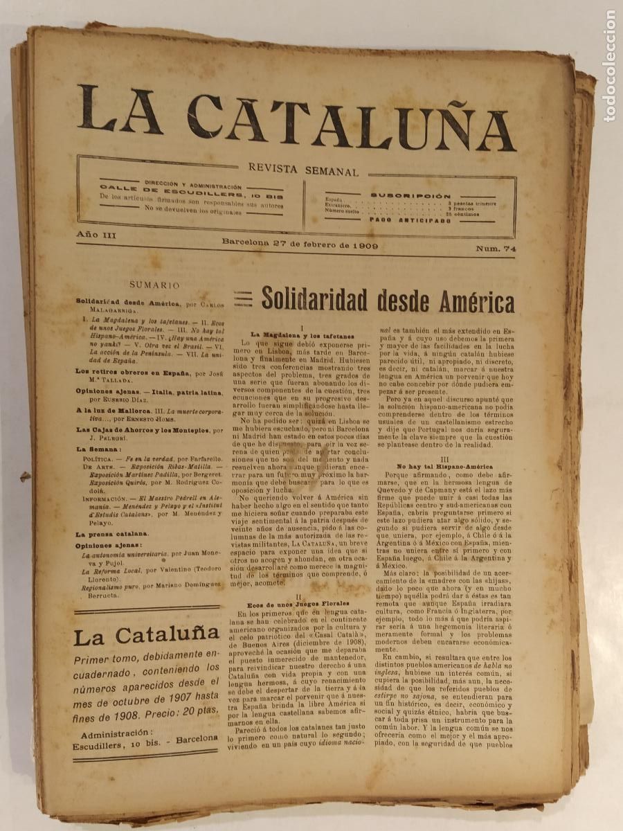 Coleccionismo de Revistas y Peri&oacute;dicos: CATALUNYA - LA CATALU&Ntilde;A , REVISTA SEMANAL - NUMERO 74 A&Ntilde;O 1909 - REVISTA ANTIGUA CATALANA