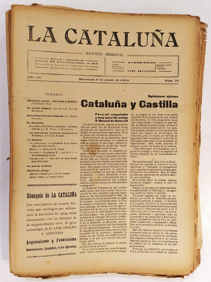 Coleccionismo de Revistas y Peri&oacute;dicos: CATALUNYA - LA CATALU&Ntilde;A , REVISTA SEMANAL - NUMERO 75 A&Ntilde;O 1909 - REVISTA ANTIGUA CATALANA