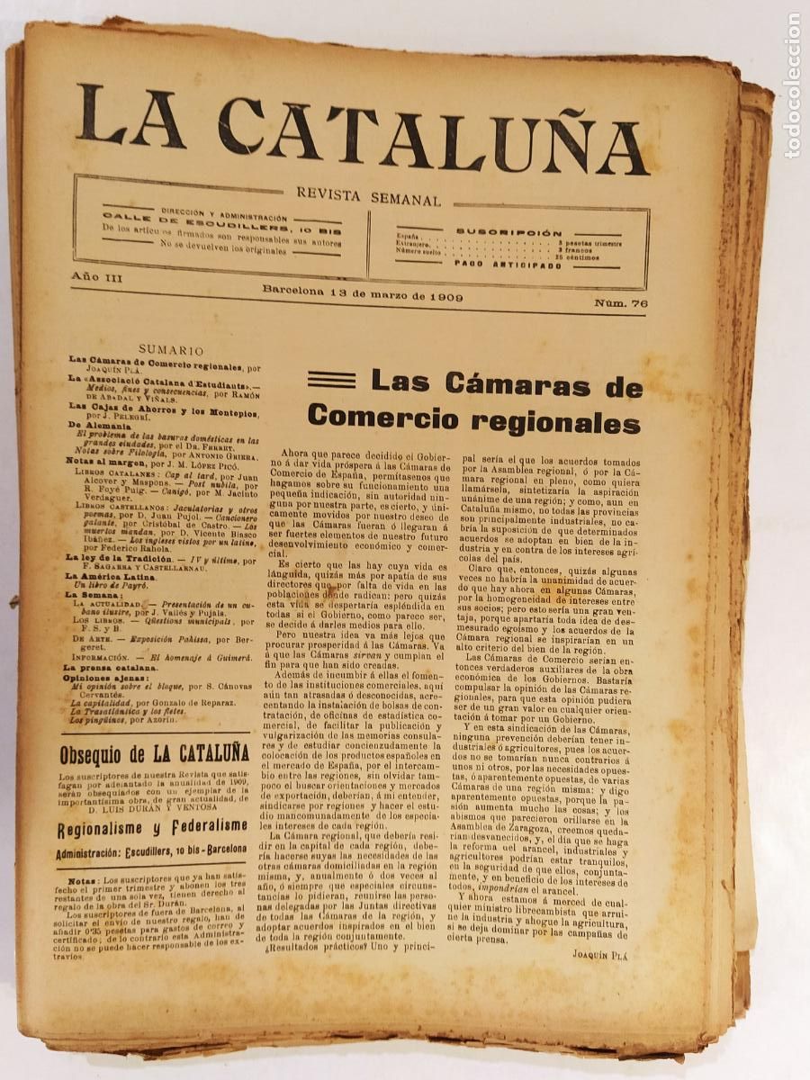 Coleccionismo de Revistas y Peri&oacute;dicos: CATALUNYA - LA CATALU&Ntilde;A , REVISTA SEMANAL - NUMERO 76 A&Ntilde;O 1909 - REVISTA ANTIGUA CATALANA