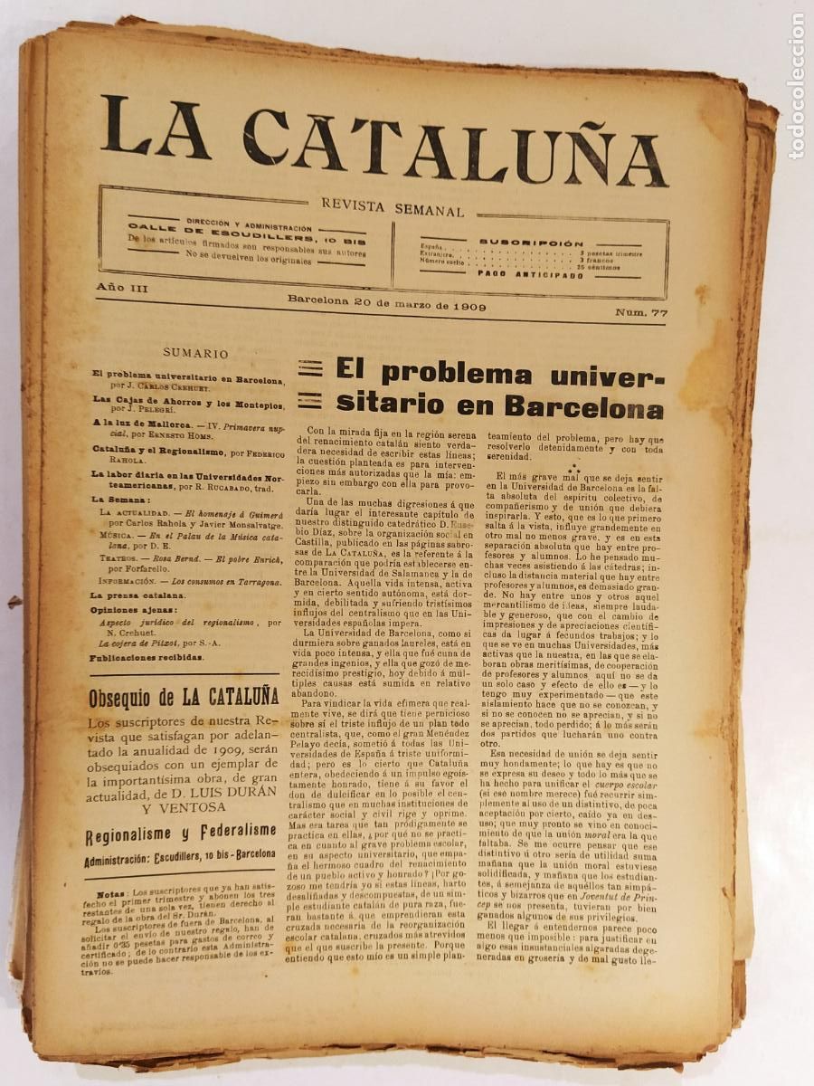 Collezionismo di Riviste e Giornali: CATALUNYA - LA CATALU&Ntilde;A , REVISTA SEMANAL - NUMERO 77 A&Ntilde;O 1909 - REVISTA ANTIGUA CATALANA