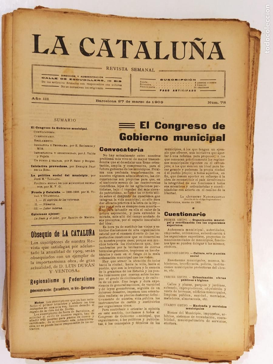 Collezionismo di Riviste e Giornali: CATALUNYA - LA CATALU&Ntilde;A , REVISTA SEMANAL - NUMERO 78 A&Ntilde;O 1909 - REVISTA ANTIGUA CATALANA