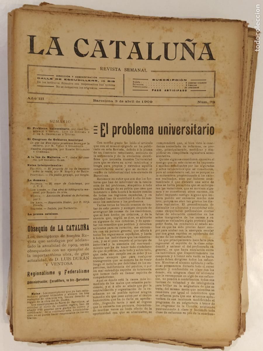 Collezionismo di Riviste e Giornali: CATALUNYA - LA CATALU&Ntilde;A , REVISTA SEMANAL - NUMERO 79 A&Ntilde;O 1909 - REVISTA ANTIGUA CATALANA
