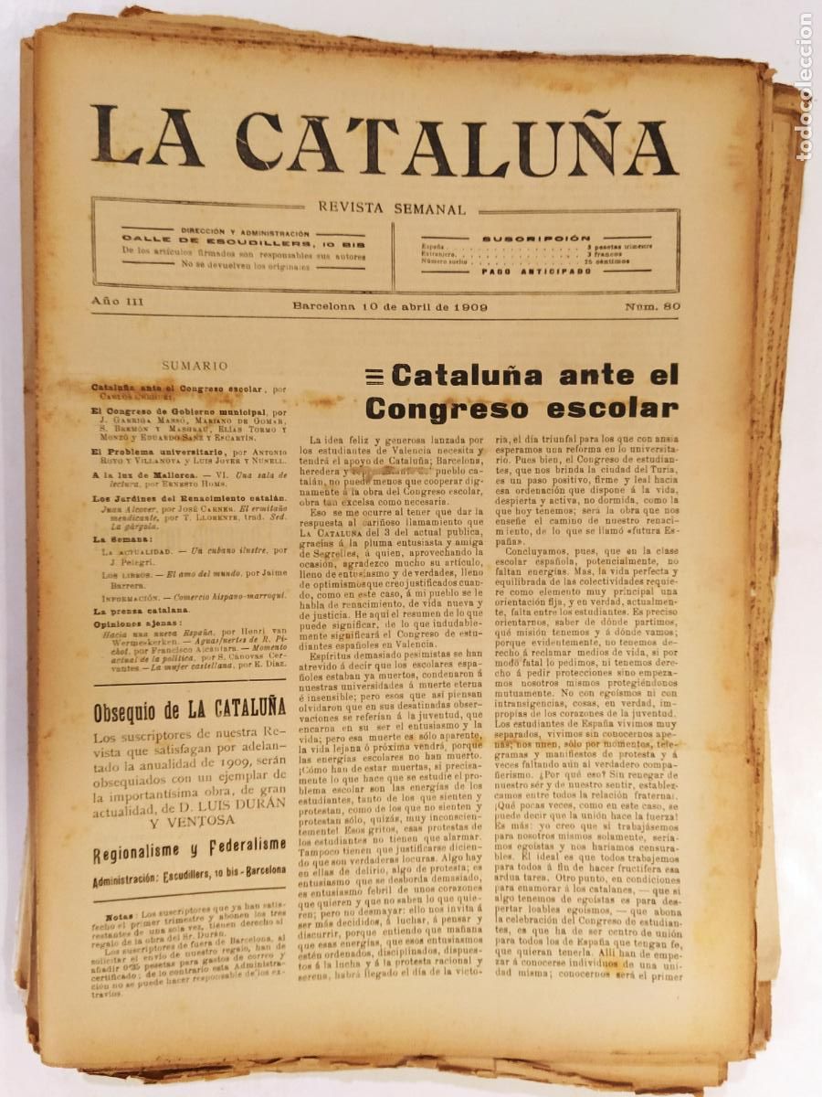 Collezionismo di Riviste e Giornali: CATALUNYA - LA CATALU&Ntilde;A , REVISTA SEMANAL - NUMERO 80 A&Ntilde;O 1909 - REVISTA ANTIGUA CATALANA