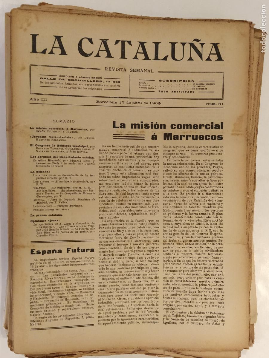 Collezionismo di Riviste e Giornali: CATALUNYA - LA CATALU&Ntilde;A , REVISTA SEMANAL - NUMERO 81 A&Ntilde;O 1909 - REVISTA ANTIGUA CATALANA