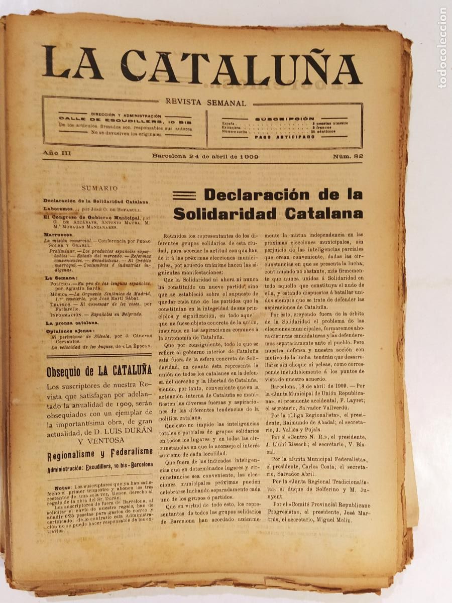 Sammeln von Zeitschriften und Zeitungen: CATALUNYA - LA CATALU&Ntilde;A , REVISTA SEMANAL - NUMERO 82 A&Ntilde;O 1909 - REVISTA ANTIGUA CATALANA