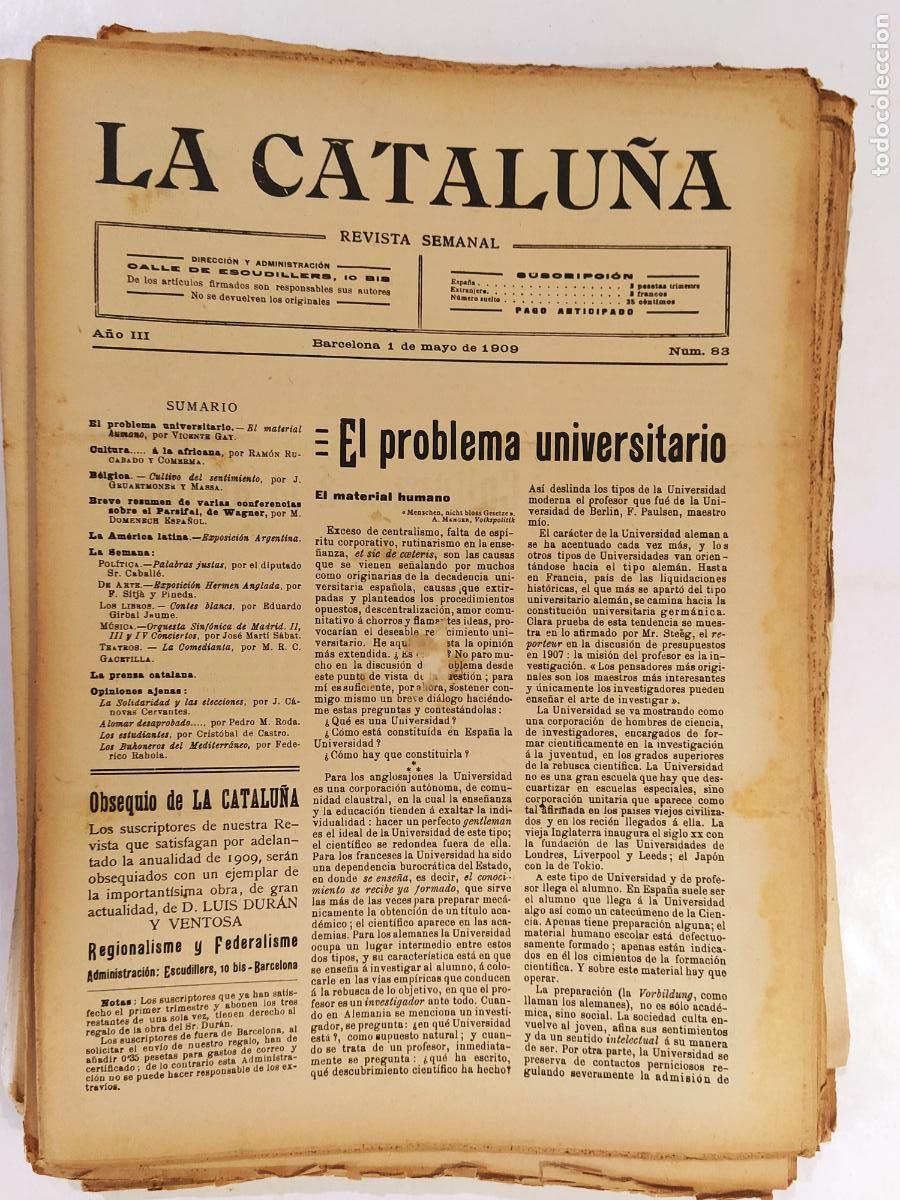 Sammeln von Zeitschriften und Zeitungen: CATALUNYA - LA CATALU&Ntilde;A , REVISTA SEMANAL - NUMERO 83 A&Ntilde;O 1909 - REVISTA ANTIGUA CATALANA