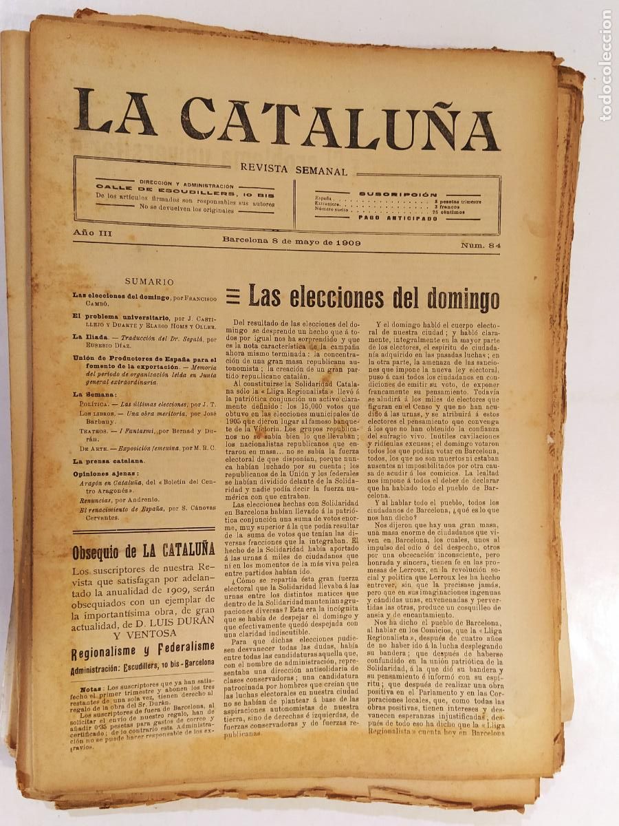 Sammeln von Zeitschriften und Zeitungen: CATALUNYA - LA CATALU&Ntilde;A , REVISTA SEMANAL - NUMERO 84 A&Ntilde;O 1909 - REVISTA ANTIGUA CATALANA