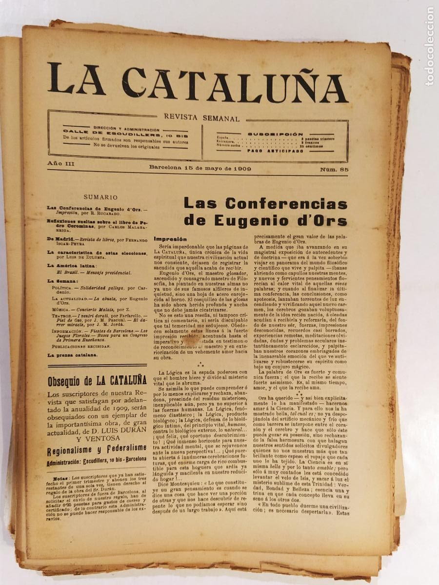Sammeln von Zeitschriften und Zeitungen: CATALUNYA - LA CATALU&Ntilde;A , REVISTA SEMANAL - NUMERO 85 A&Ntilde;O 1909 - REVISTA ANTIGUA CATALANA