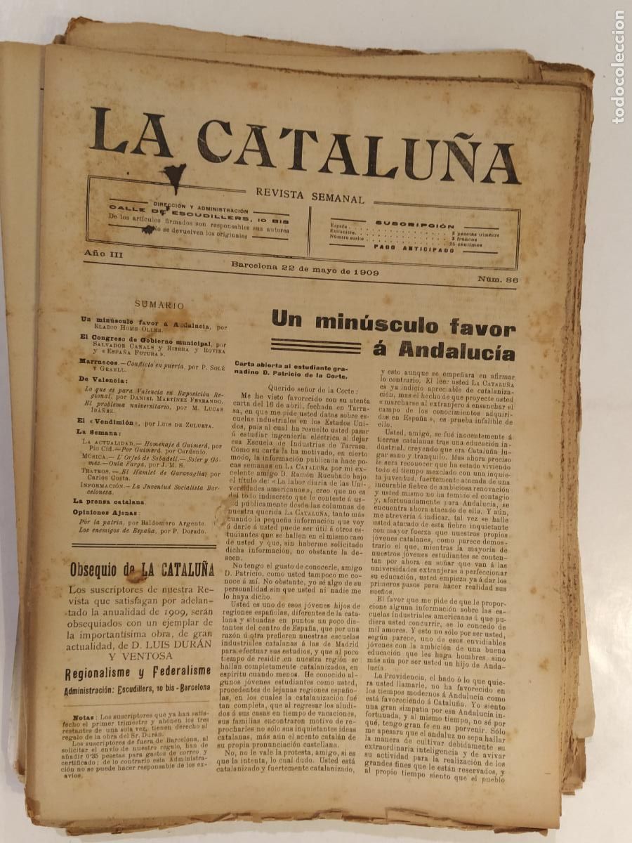Sammeln von Zeitschriften und Zeitungen: CATALUNYA - LA CATALU&Ntilde;A , REVISTA SEMANAL - NUMERO 86 A&Ntilde;O 1909 - REVISTA ANTIGUA CATALANA