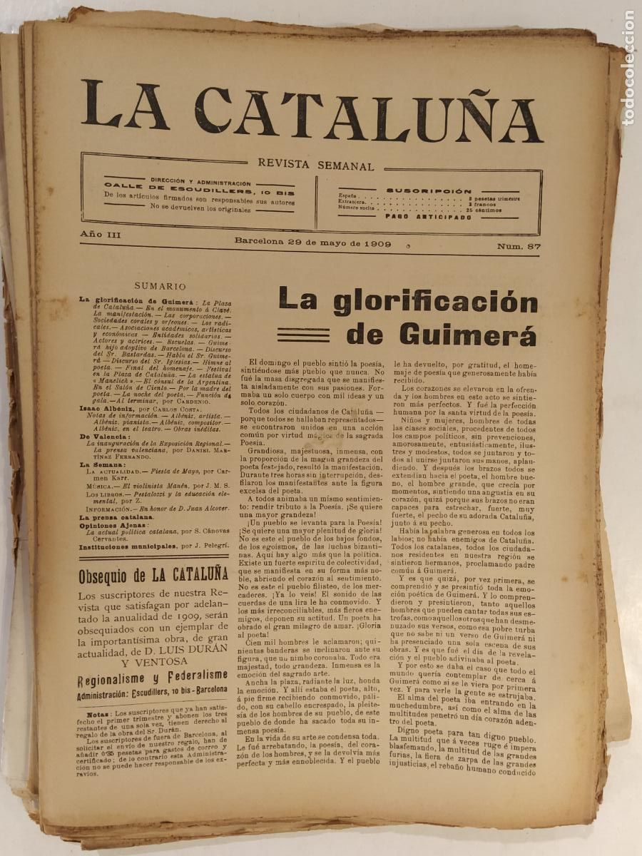 Sammeln von Zeitschriften und Zeitungen: CATALUNYA - LA CATALU&Ntilde;A , REVISTA SEMANAL - NUMERO 87 A&Ntilde;O 1909 - REVISTA ANTIGUA CATALANA