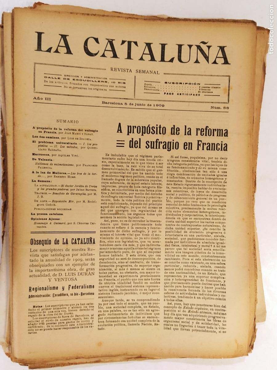 Sammeln von Zeitschriften und Zeitungen: CATALUNYA - LA CATALU&Ntilde;A , REVISTA SEMANAL - NUMERO 88 A&Ntilde;O 1909 - REVISTA ANTIGUA CATALANA