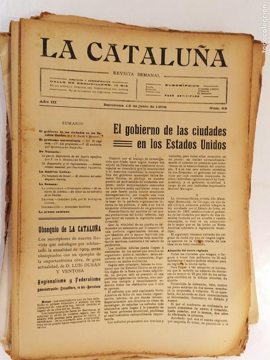 Sammeln von Zeitschriften und Zeitungen: CATALUNYA - LA CATALU&Ntilde;A , REVISTA SEMANAL - NUMERO 89 A&Ntilde;O 1909 - REVISTA ANTIGUA CATALANA
