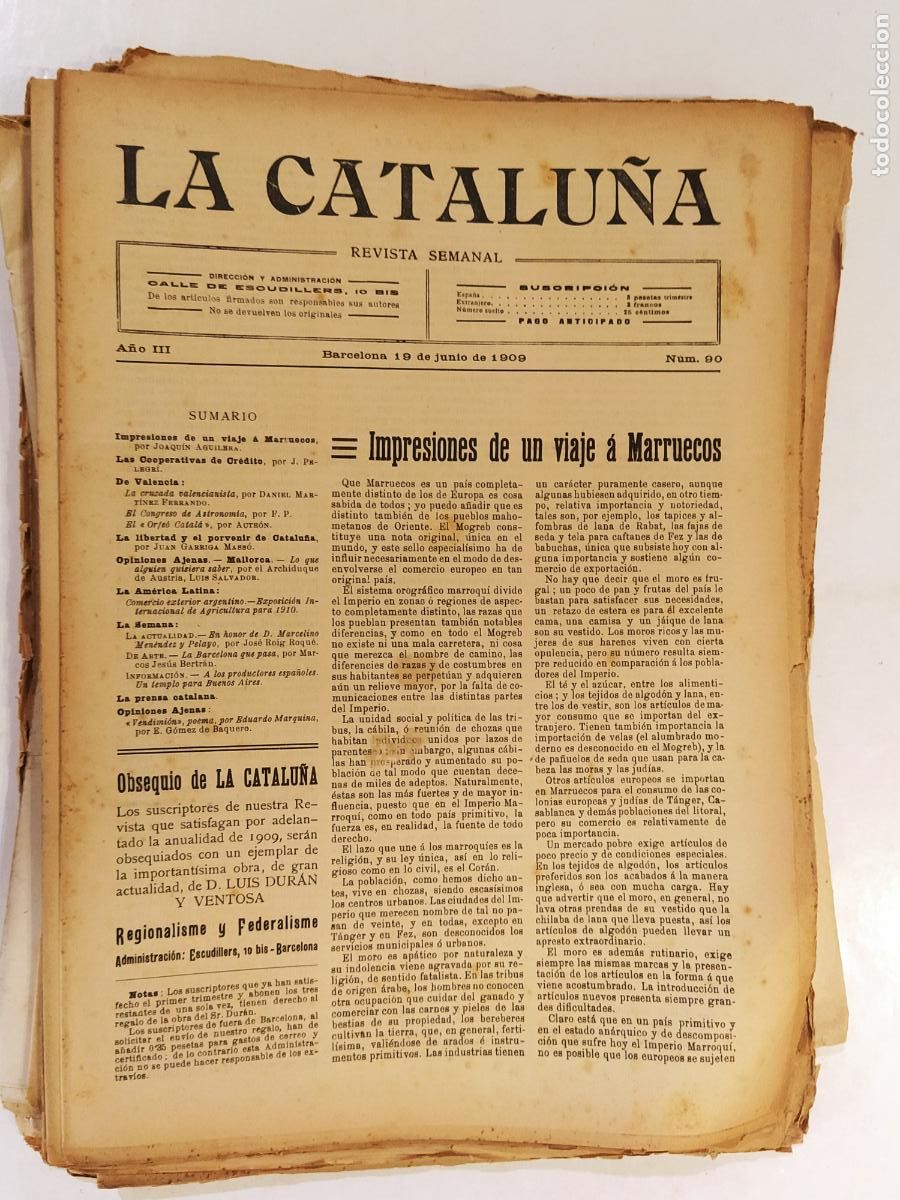 Sammeln von Zeitschriften und Zeitungen: CATALUNYA - LA CATALU&Ntilde;A , REVISTA SEMANAL - NUMERO 90 A&Ntilde;O 1909 - REVISTA ANTIGUA CATALANA