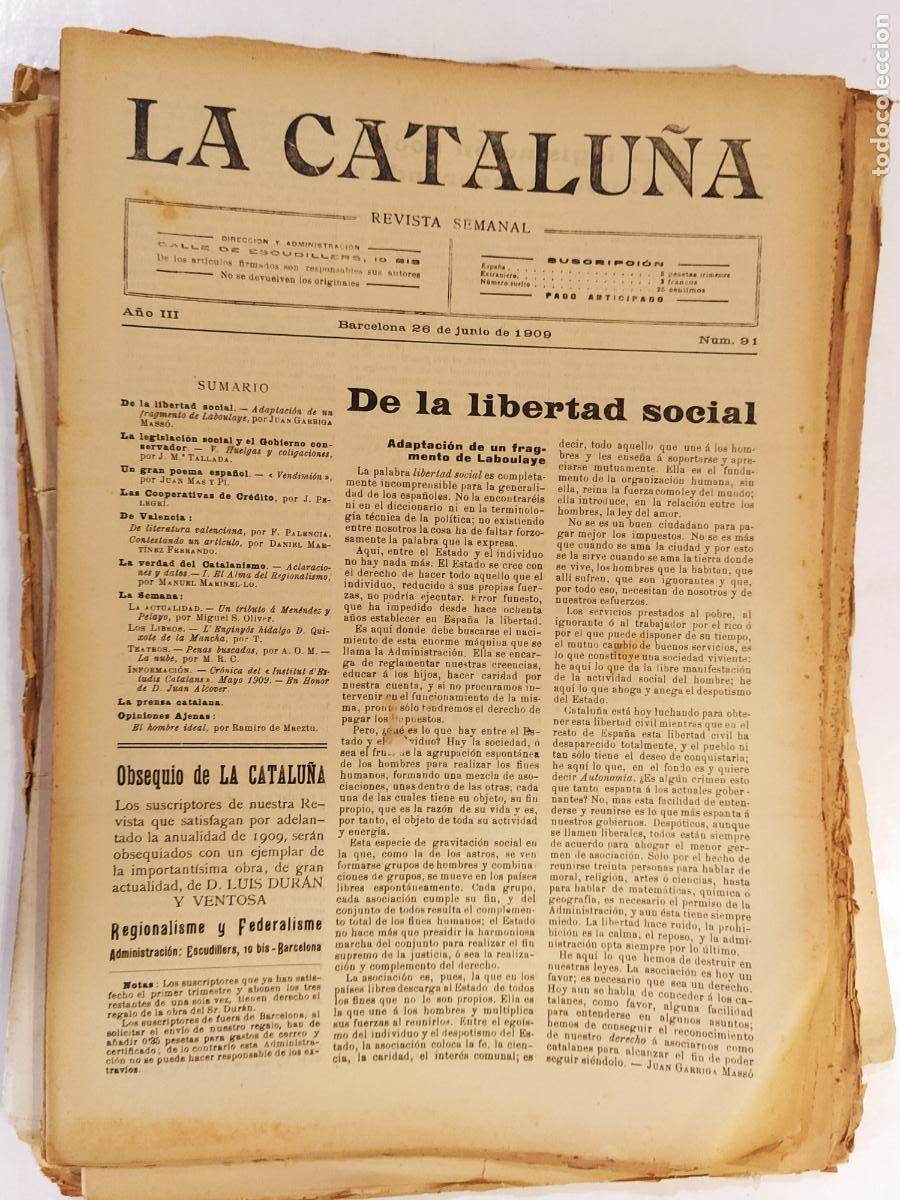 Sammeln von Zeitschriften und Zeitungen: CATALUNYA - LA CATALU&Ntilde;A , REVISTA SEMANAL - NUMERO 91 A&Ntilde;O 1909 - REVISTA ANTIGUA CATALANA