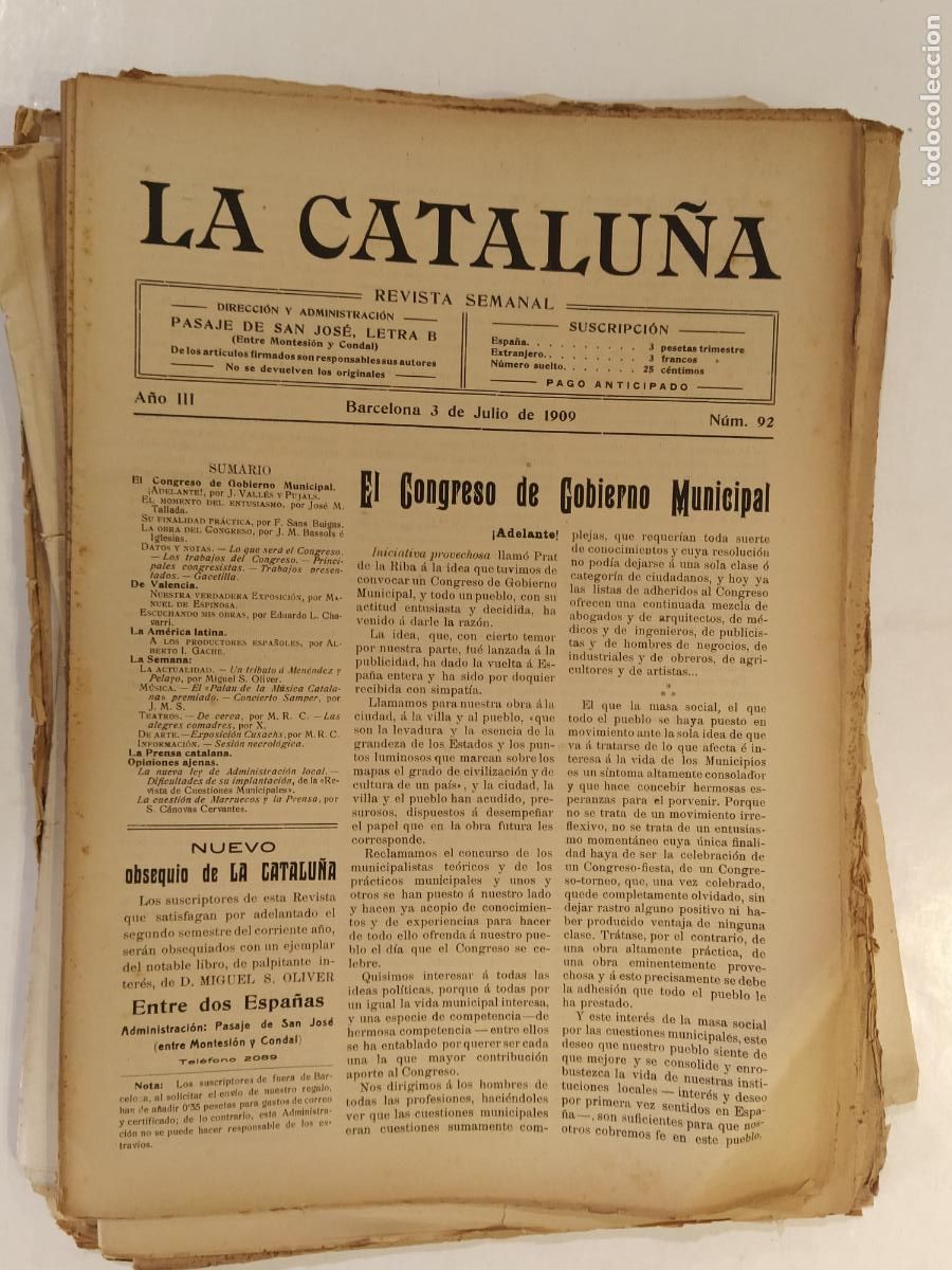 Sammeln von Zeitschriften und Zeitungen: CATALUNYA - LA CATALU&Ntilde;A , REVISTA SEMANAL - NUMERO 92 A&Ntilde;O 1909 - REVISTA ANTIGUA CATALANA