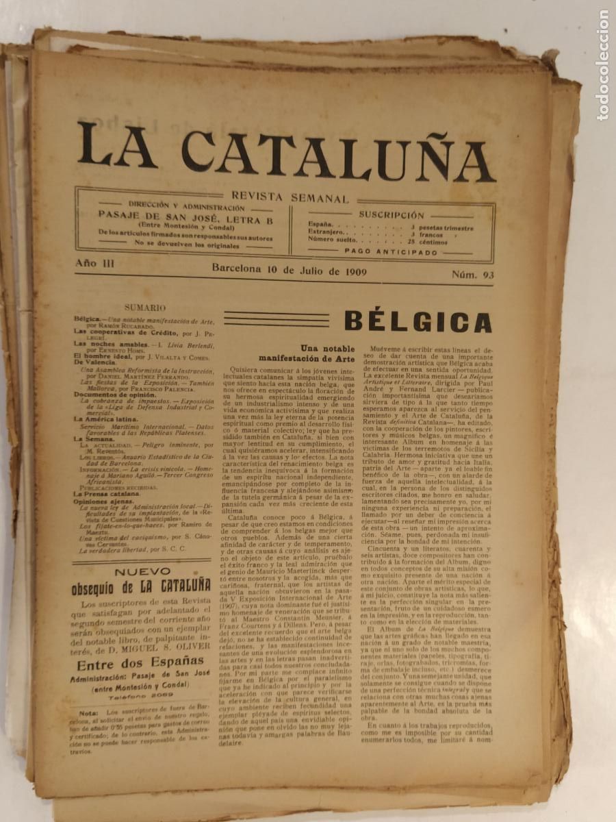Sammeln von Zeitschriften und Zeitungen: CATALUNYA - LA CATALU&Ntilde;A , REVISTA SEMANAL - NUMERO 93 A&Ntilde;O 1909 - REVISTA ANTIGUA CATALANA