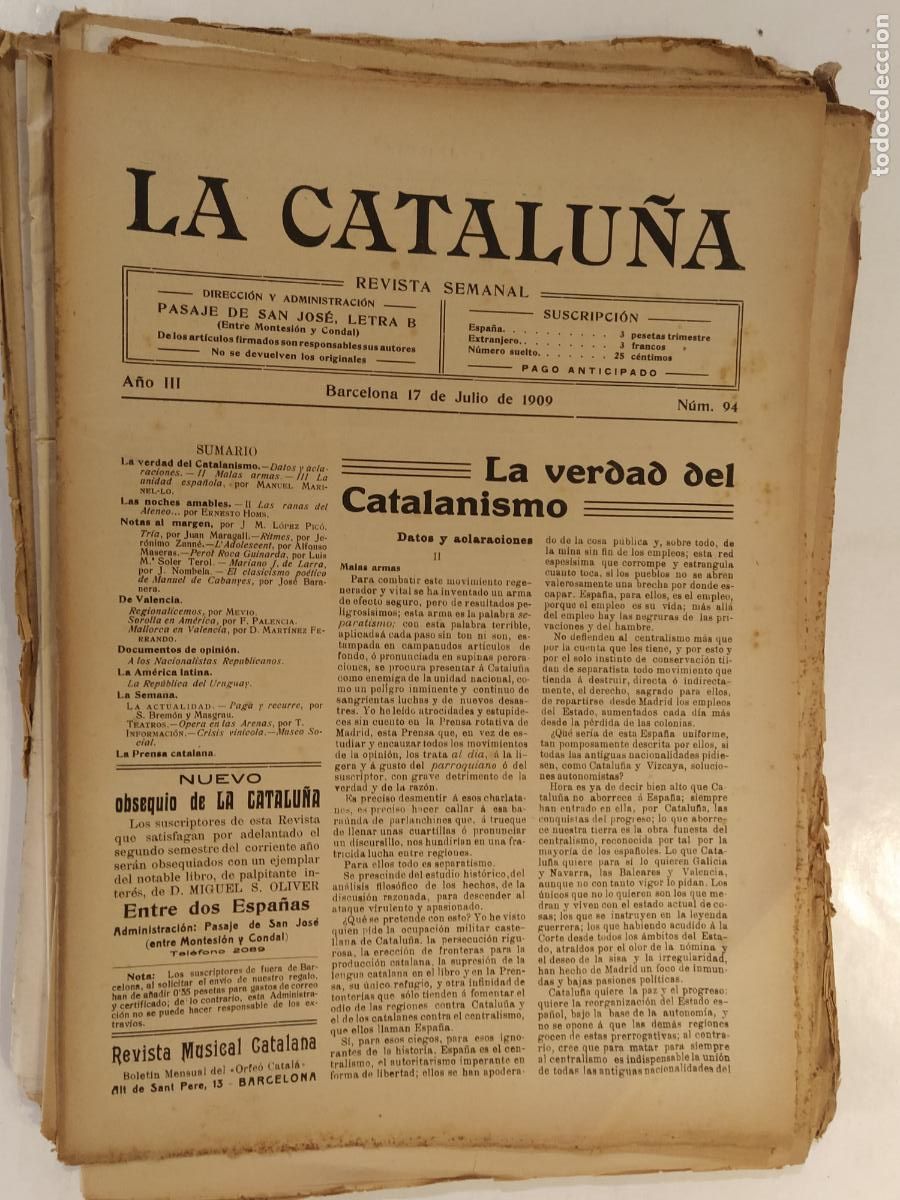 Sammeln von Zeitschriften und Zeitungen: CATALUNYA - LA CATALU&Ntilde;A , REVISTA SEMANAL - NUMERO 94 A&Ntilde;O 1909 - REVISTA ANTIGUA CATALANA