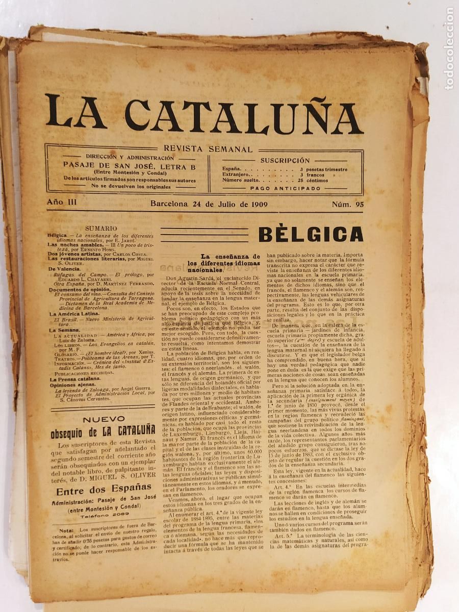 Coleccionismo de Revistas y Peri&oacute;dicos: CATALUNYA - LA CATALU&Ntilde;A , REVISTA SEMANAL - NUMERO 95 A&Ntilde;O 1909 - REVISTA ANTIGUA CATALANA