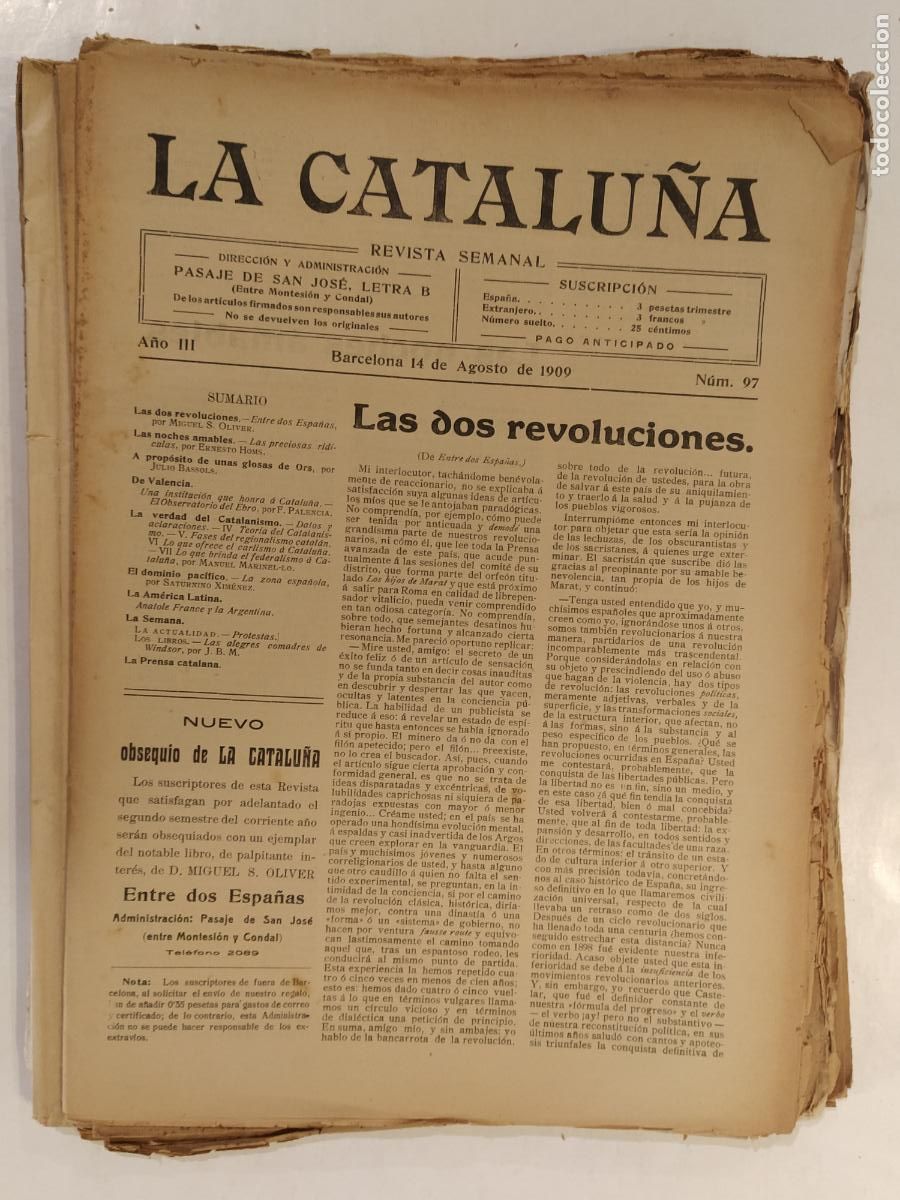 Coleccionismo de Revistas y Peri&oacute;dicos: CATALUNYA - LA CATALU&Ntilde;A , REVISTA SEMANAL - NUMERO 97 A&Ntilde;O 1909 - REVISTA ANTIGUA CATALANA