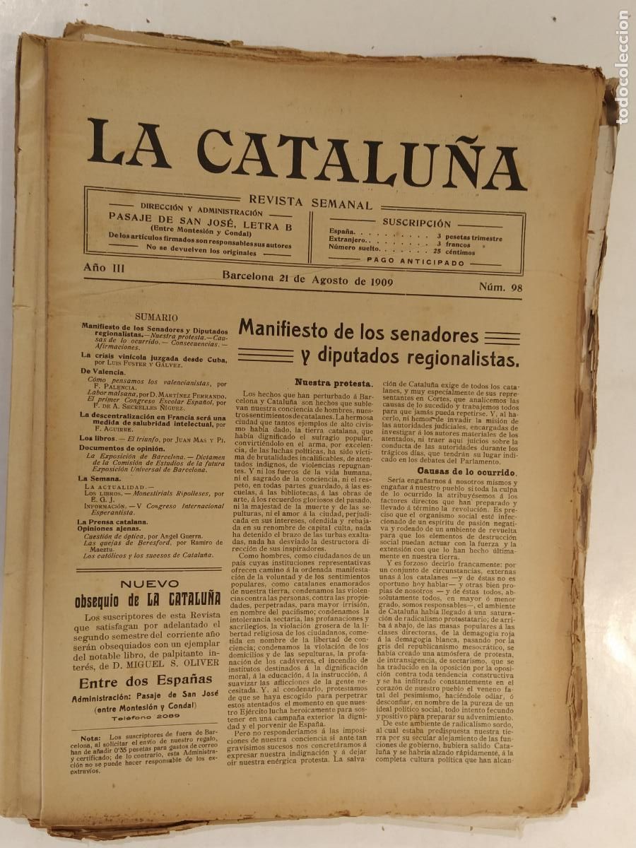 Coleccionismo de Revistas y Peri&oacute;dicos: CATALUNYA - LA CATALU&Ntilde;A , REVISTA SEMANAL - NUMERO 98 A&Ntilde;O 1909 - REVISTA ANTIGUA CATALANA