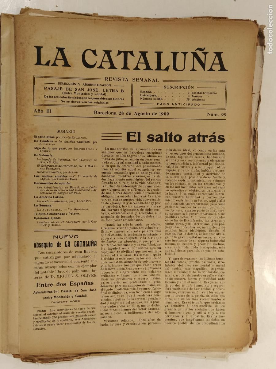 Coleccionismo de Revistas y Peri&oacute;dicos: CATALUNYA - LA CATALU&Ntilde;A , REVISTA SEMANAL - NUMERO 99 A&Ntilde;O 1909 - REVISTA ANTIGUA CATALANA