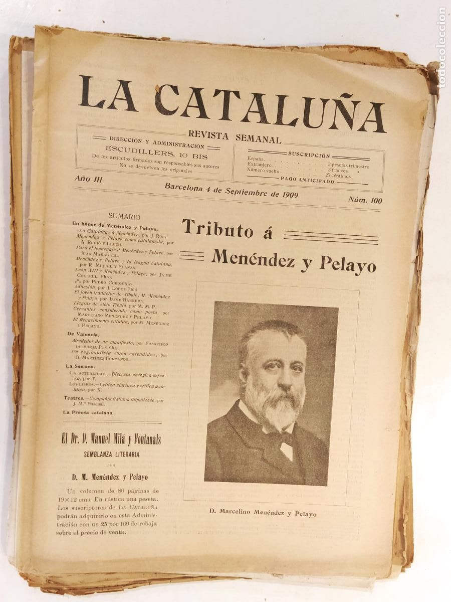 Coleccionismo de Revistas y Peri&oacute;dicos: CATALUNYA - LA CATALU&Ntilde;A - MENENDEZ PELAYO HOMENAJE - NUMERO 100 A&Ntilde;O 1909 - REVISTA ANTIGUA CATALANA