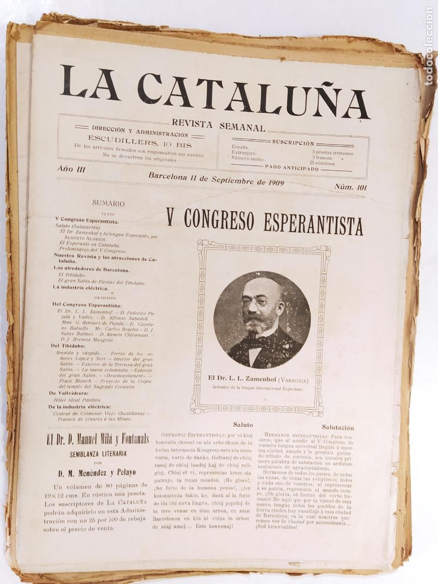 Coleccionismo de Revistas y Peri&oacute;dicos: CATALUNYA - LA CATALU&Ntilde;A - ESPERANTO ZAMENHOF - NUMERO 101 A&Ntilde;O 1909 - REVISTA ANTIGUA CATALANA