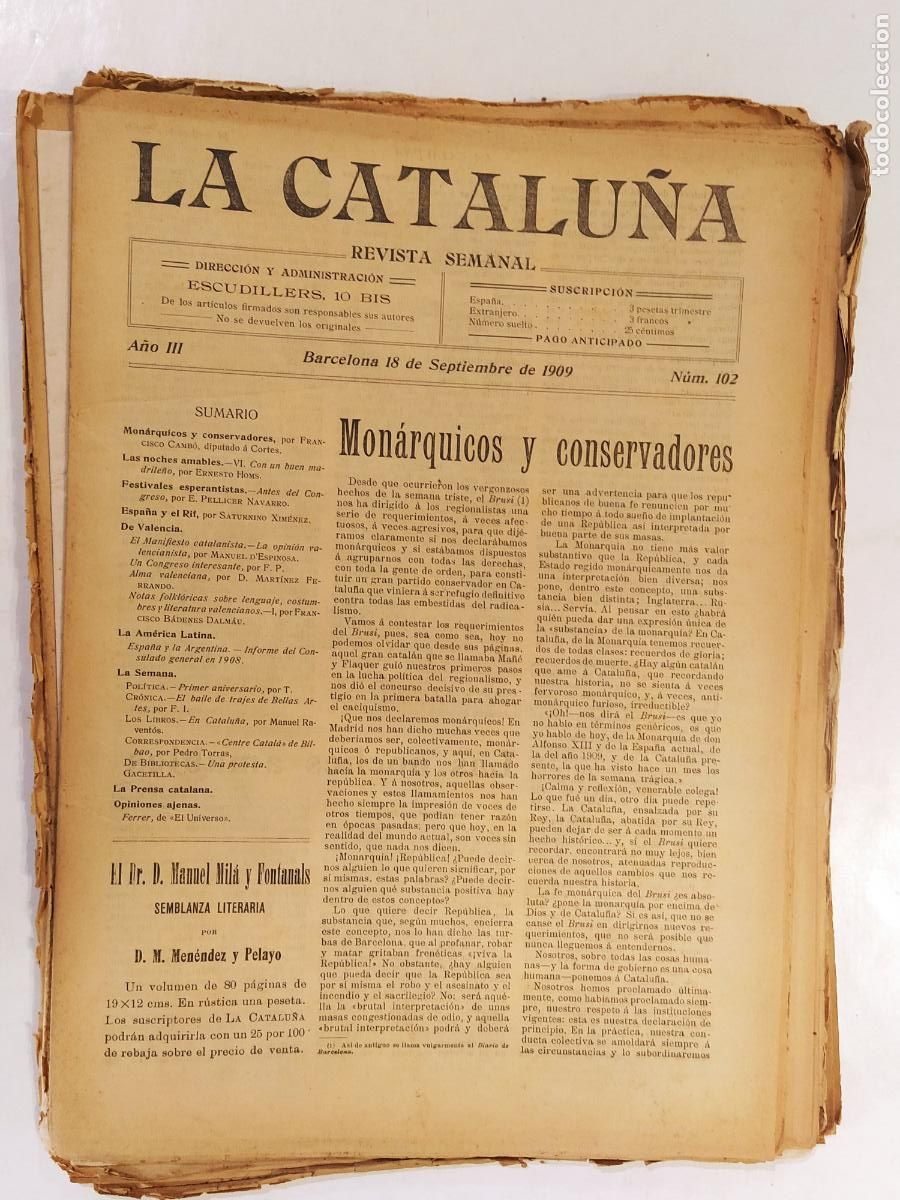Coleccionismo de Revistas y Peri&oacute;dicos: CATALUNYA - LA CATALU&Ntilde;A , REVISTA SEMANAL - NUMERO 102 A&Ntilde;O 1909 - REVISTA ANTIGUA CATALANA