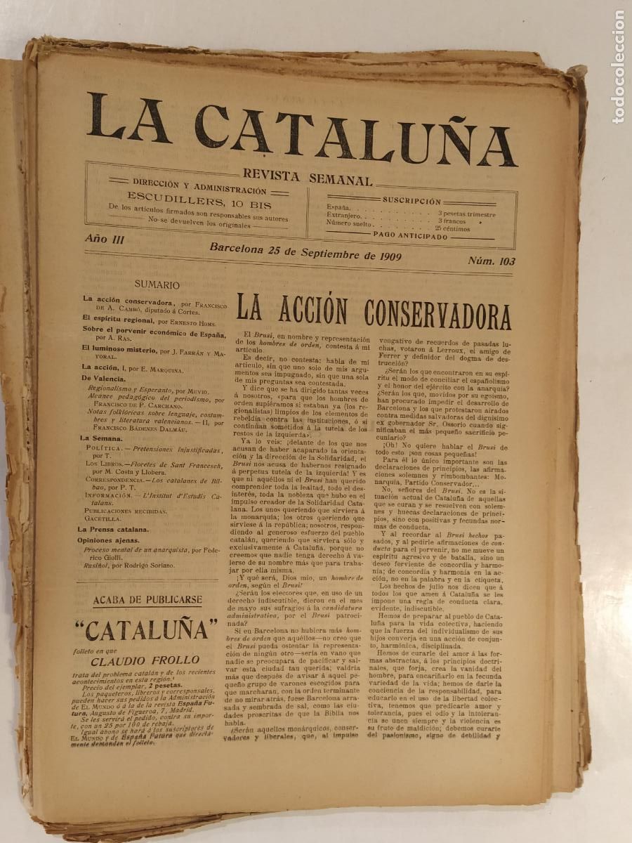 Coleccionismo de Revistas y Peri&oacute;dicos: CATALUNYA - LA CATALU&Ntilde;A , REVISTA SEMANAL - NUMERO 103 A&Ntilde;O 1909 - REVISTA ANTIGUA CATALANA