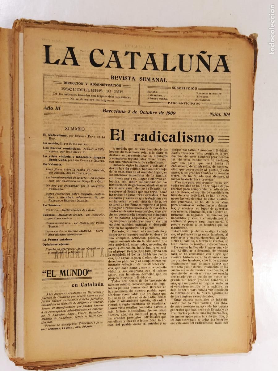 Coleccionismo de Revistas y Peri&oacute;dicos: CATALUNYA - LA CATALU&Ntilde;A , REVISTA SEMANAL - NUMERO 104 A&Ntilde;O 1909 - REVISTA ANTIGUA CATALANA