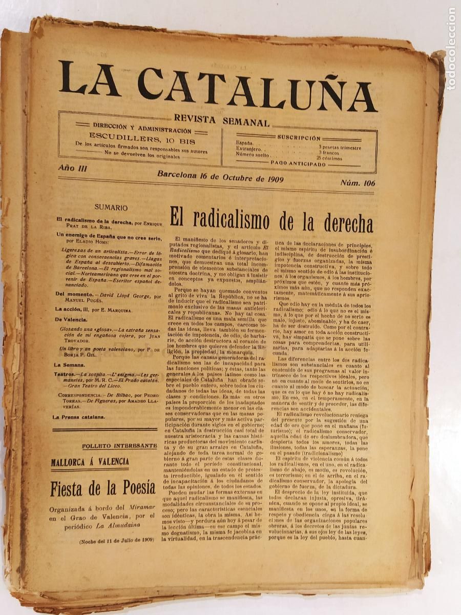 Coleccionismo de Revistas y Peri&oacute;dicos: CATALUNYA - LA CATALU&Ntilde;A , REVISTA SEMANAL - NUMERO 106 A&Ntilde;O 1909 - REVISTA ANTIGUA CATALANA