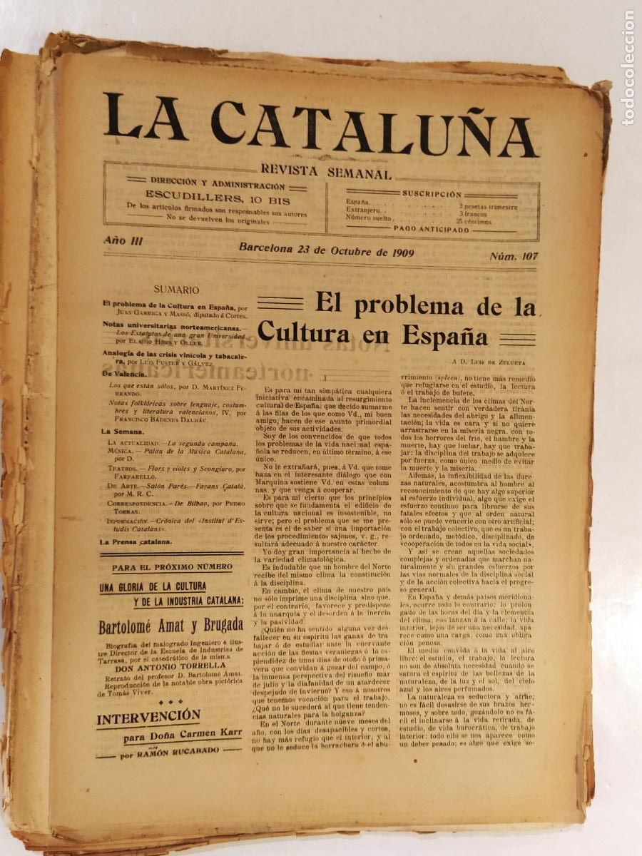 Coleccionismo de Revistas y Peri&oacute;dicos: CATALUNYA - LA CATALU&Ntilde;A , REVISTA SEMANAL - NUMERO 107 A&Ntilde;O 1909 - REVISTA ANTIGUA CATALANA
