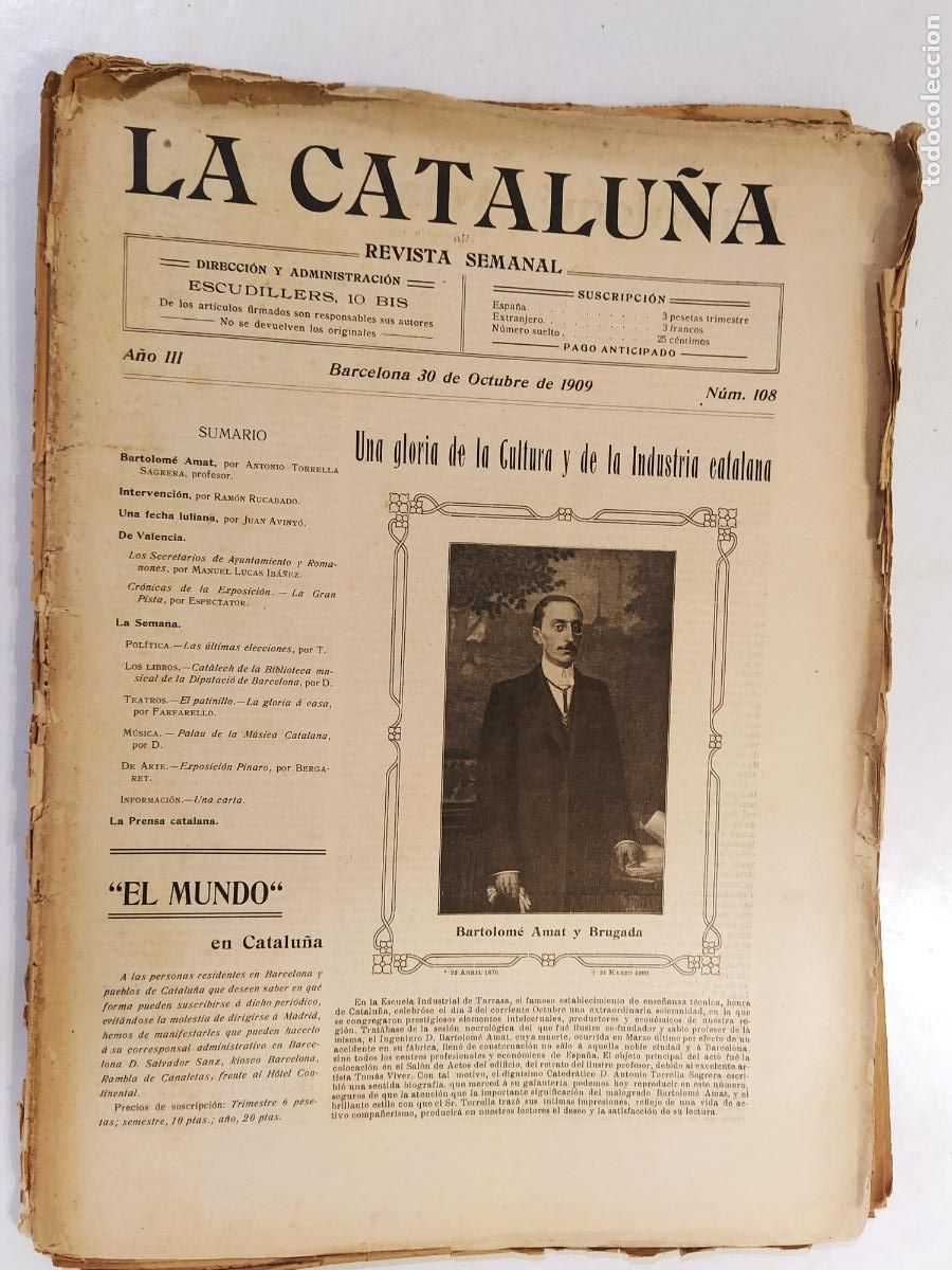 Coleccionismo de Revistas y Peri&oacute;dicos: CATALUNYA - LA CATALU&Ntilde;A - BARTOLOME AMAT Y BRUGADA - NUMERO 108 A&Ntilde;O 1909 - REVISTA ANTIGUA CATALANA