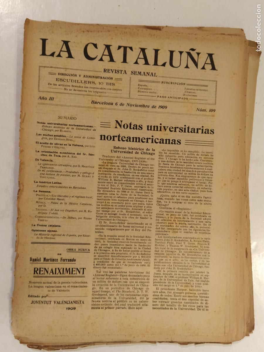 Coleccionismo de Revistas y Peri&oacute;dicos: CATALUNYA - LA CATALU&Ntilde;A , REVISTA SEMANAL - NUMERO 109 A&Ntilde;O 1909 - REVISTA ANTIGUA CATALANA