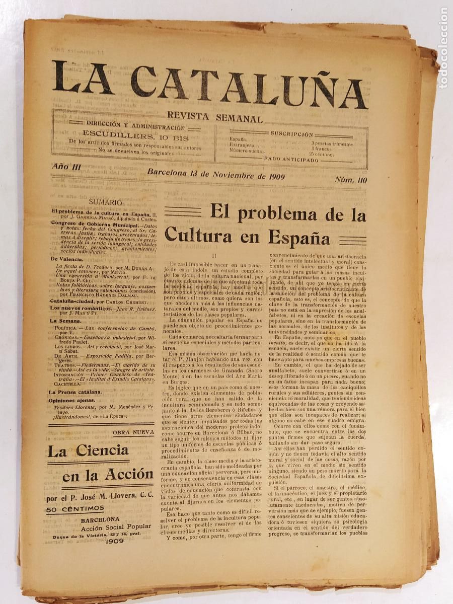 Coleccionismo de Revistas y Peri&oacute;dicos: CATALUNYA - LA CATALU&Ntilde;A , REVISTA SEMANAL - NUMERO 110 A&Ntilde;O 1909 - REVISTA ANTIGUA CATALANA