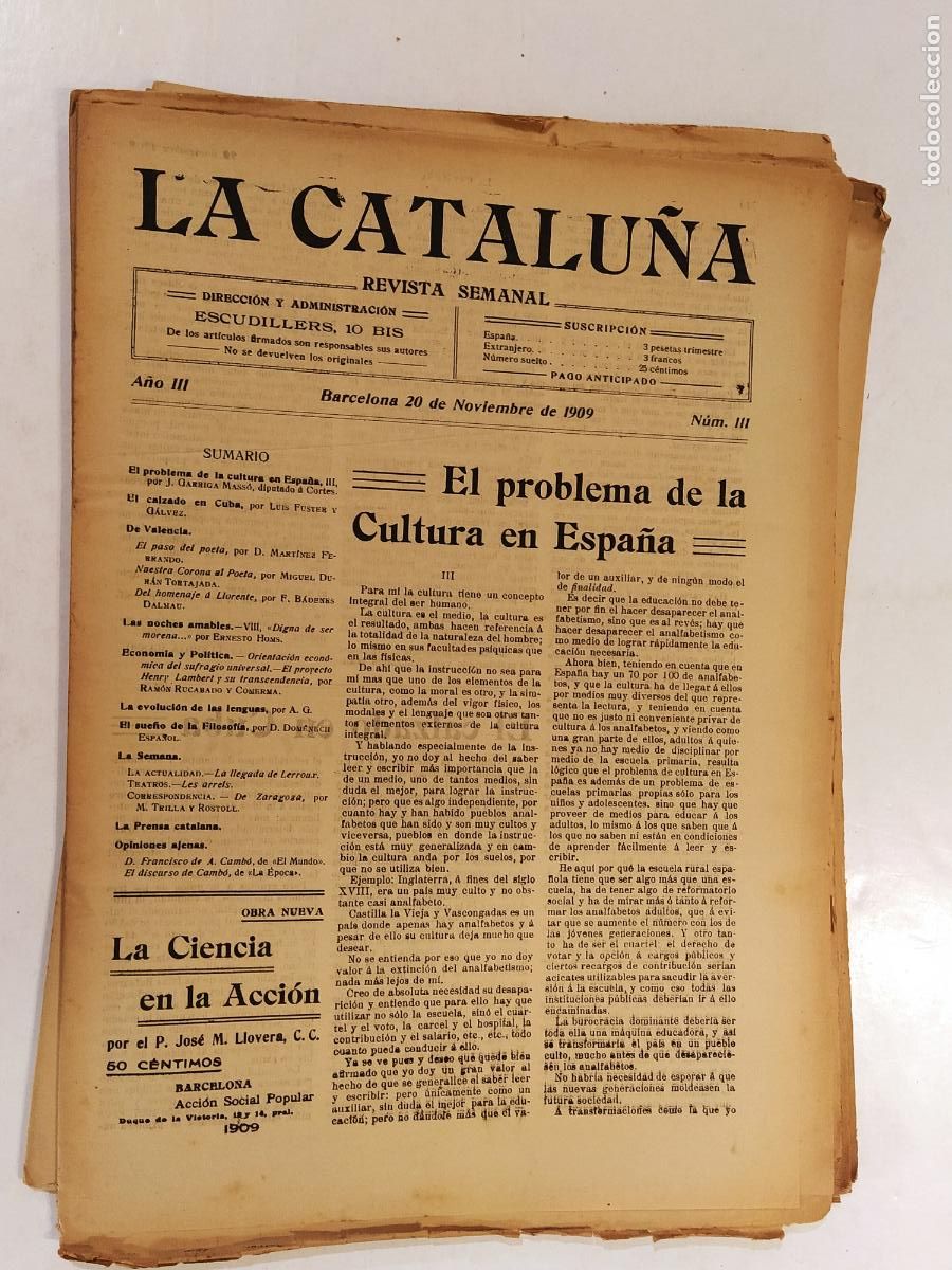 Coleccionismo de Revistas y Peri&oacute;dicos: CATALUNYA - LA CATALU&Ntilde;A , REVISTA SEMANAL - NUMERO 111 A&Ntilde;O 1909 - REVISTA ANTIGUA CATALANA