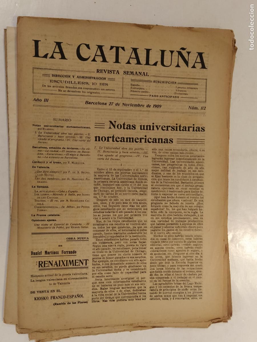Coleccionismo de Revistas y Peri&oacute;dicos: CATALUNYA - LA CATALU&Ntilde;A , REVISTA SEMANAL - NUMERO 112 A&Ntilde;O 1909 - REVISTA ANTIGUA CATALANA