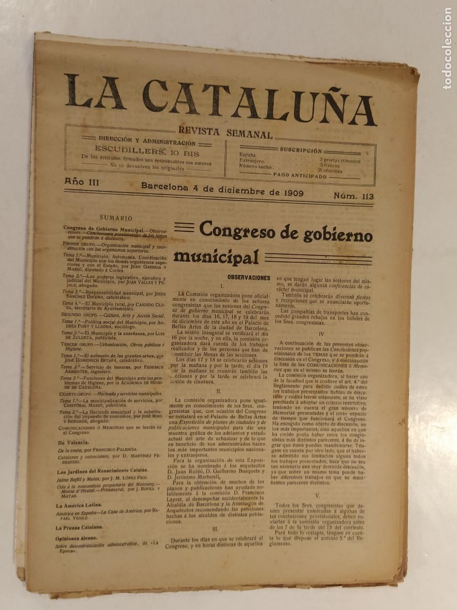 Coleccionismo de Revistas y Peri&oacute;dicos: CATALUNYA - LA CATALU&Ntilde;A , REVISTA SEMANAL - NUMERO 113 A&Ntilde;O 1909 - REVISTA ANTIGUA CATALANA