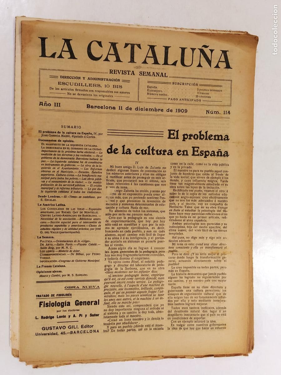 Coleccionismo de Revistas y Peri&oacute;dicos: CATALUNYA - LA CATALU&Ntilde;A , REVISTA SEMANAL - NUMERO 114 A&Ntilde;O 1909 - REVISTA ANTIGUA CATALANA