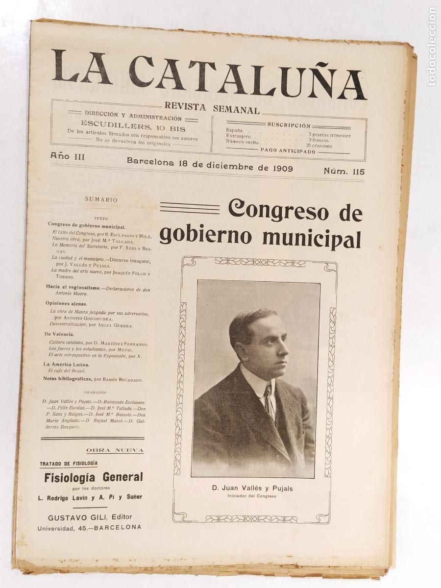 Coleccionismo de Revistas y Peri&oacute;dicos: CATALUNYA - LA CATALU&Ntilde;A - JUAN VALLES Y PUJALS - NUMERO 115 A&Ntilde;O 1909 - REVISTA ANTIGUA CATALANA