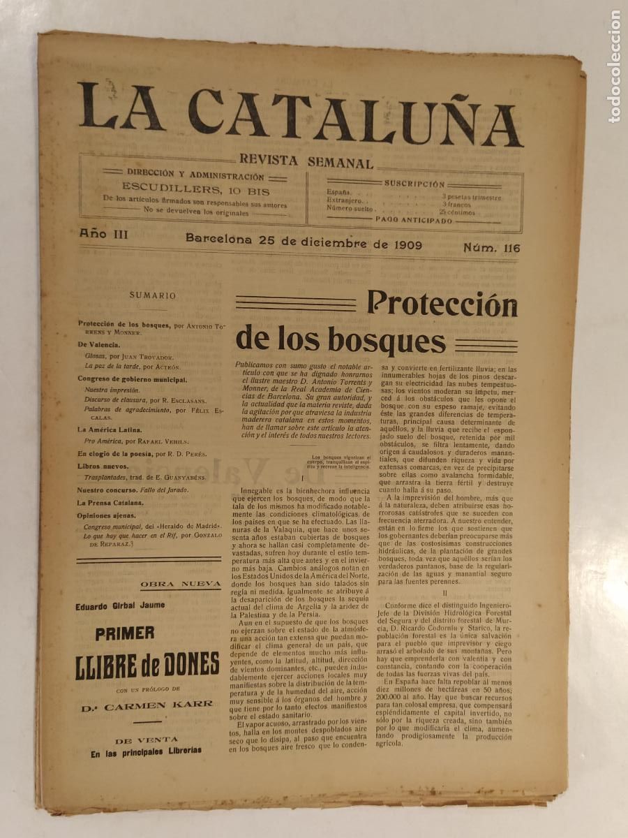 Coleccionismo de Revistas y Peri&oacute;dicos: CATALUNYA - LA CATALU&Ntilde;A , REVISTA SEMANAL - NUMERO 116 A&Ntilde;O 1909 - REVISTA ANTIGUA CATALANA