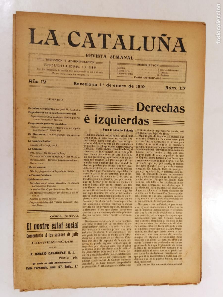 Coleccionismo de Revistas y Peri&oacute;dicos: CATALUNYA - LA CATALU&Ntilde;A , REVISTA SEMANAL - NUMERO 117 A&Ntilde;O 1909 - REVISTA ANTIGUA CATALANA
