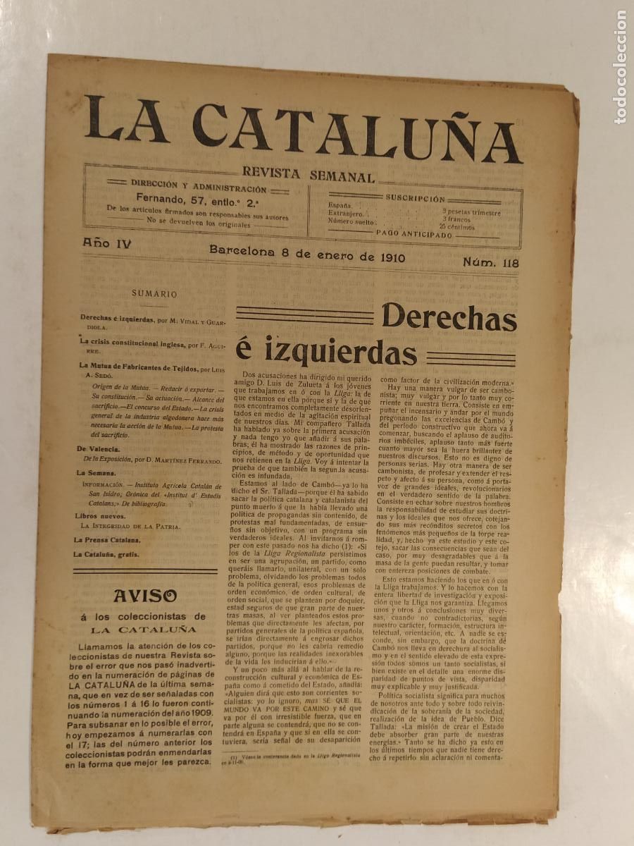 Coleccionismo de Revistas y Peri&oacute;dicos: CATALUNYA - LA CATALU&Ntilde;A , REVISTA SEMANAL - NUMERO 118 A&Ntilde;O 1909 - REVISTA ANTIGUA CATALANA