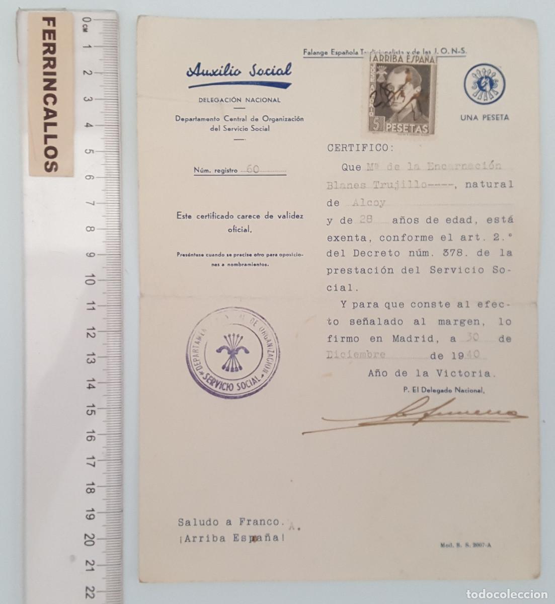 Coleccionismo de Revistas y Peri&oacute;dicos: AUXILIO SOCIAL, CERTIFICADO EXECCI&Oacute;N DE LA PRESTACI&Oacute;N DE SERVICIO SOCIAL 1940, FALANGE FRANCO
