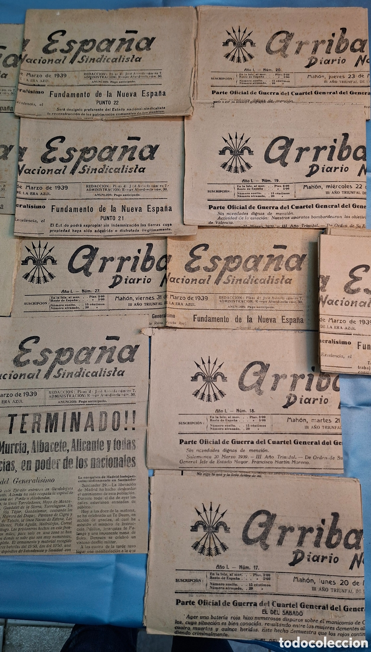 Coleccionismo de Revistas y Peri&oacute;dicos: Arriba Espa&ntilde;a. Diario Nacional Sindicalista&rdquo;, marzo de 1939