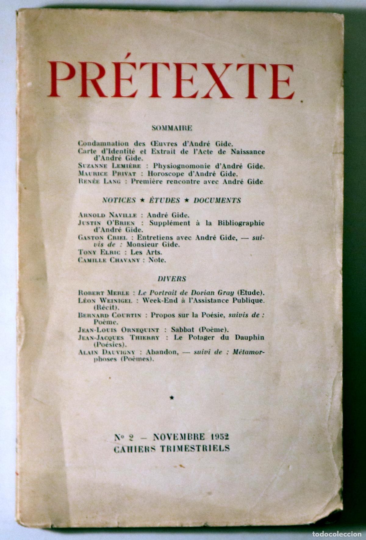 Collectionnisme de Revues et Journaux: (Andr&eacute; Gide) - PRETEXTE. Cahiers trimestriels. N&ordm;2. Novembre 1952. - Paris 1952